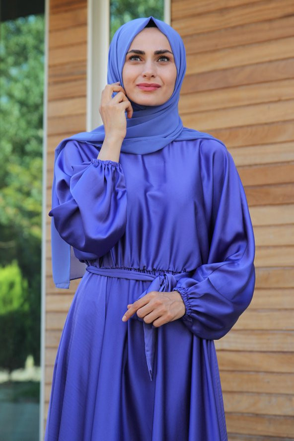Kloş Model Tesettür Abiye Elbise - İndigo - 2
