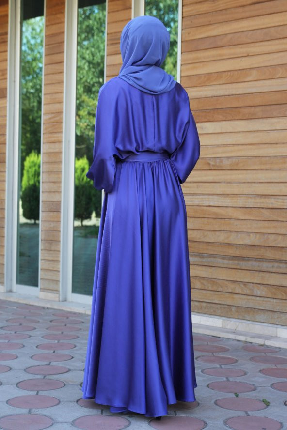 Kloş Model Tesettür Abiye Elbise - İndigo - 3