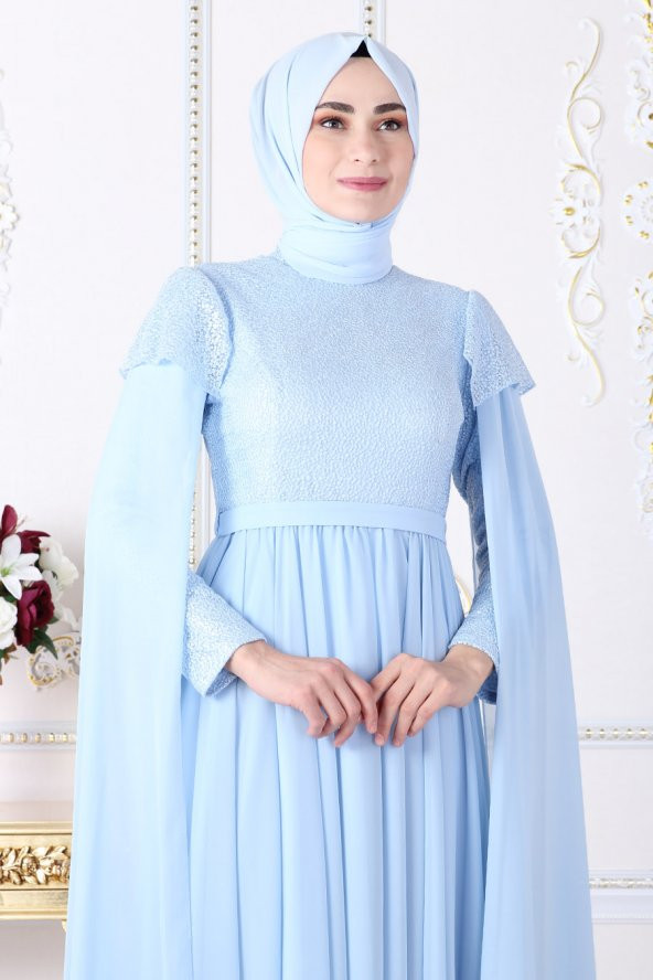 Koldan Pelerin Detaylı Tesettür Abiye Elbise - Bebe Mavisi - 2
