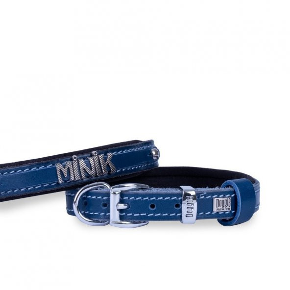 Doggie İsimlikli Deri Boyun Tasması S 2x30-35cm Royal Mavi