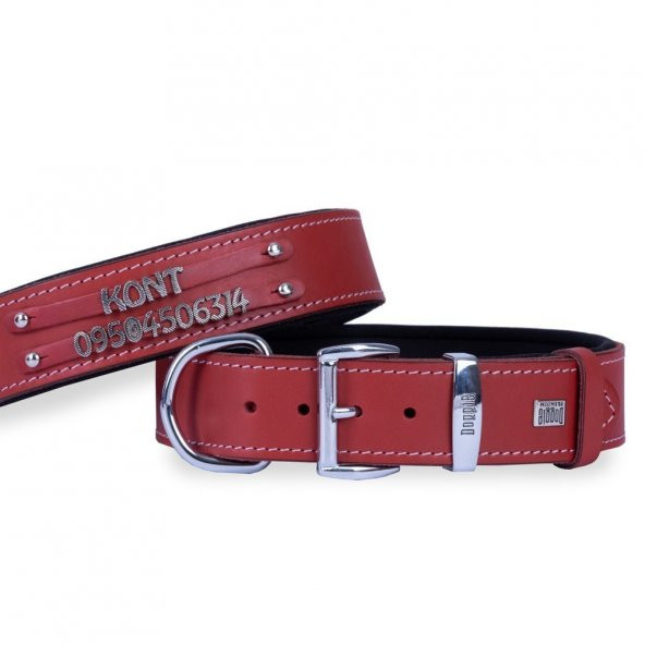 Doggie İsimlikli Deri Boyun Tasması M 4x52-60cm Kırmızı