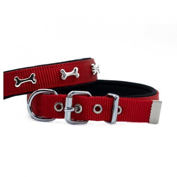 Doggie Comfort Metal Kemik İşlemeli Köpek Boyun Tasması S 2x30-35cm Kırmızı