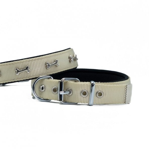 Doggie Comfort Metal Kemik İşlemeli Köpek Boyun Tasması M 2.5x37-45cm Haki