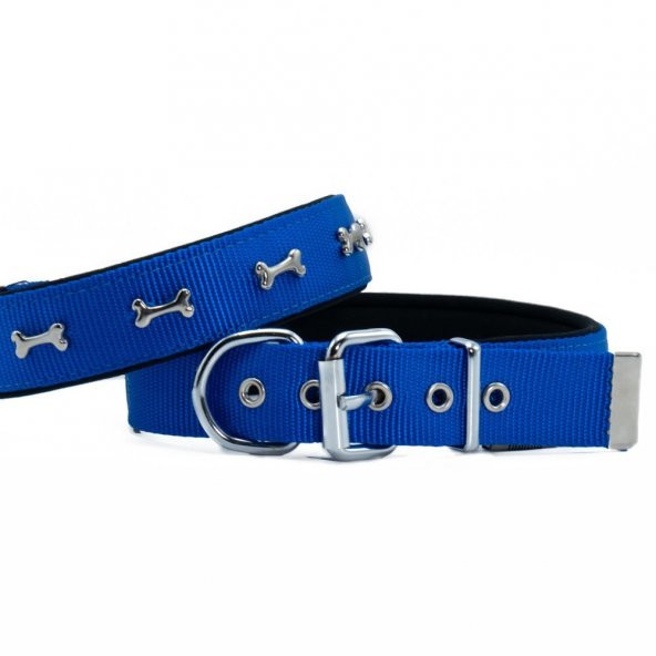 Doggie Comfort Metal Kemik İşlemeli Köpek Boyun Tasması M 3x42-50cm Royal Mavi