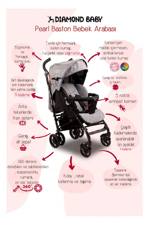 Diamond Baby Pearl Baston Bebek Arabası Gri - Resim 5