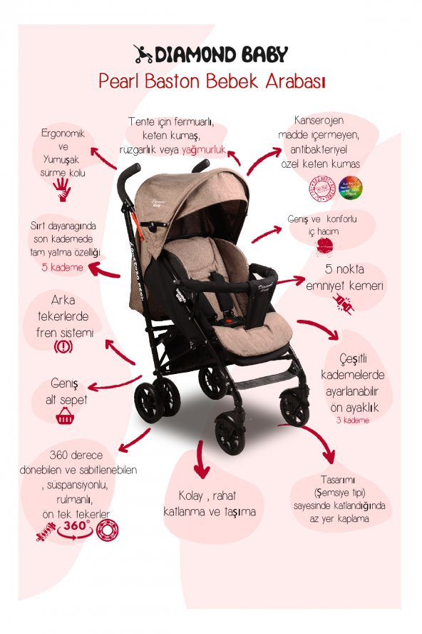Diamond Baby Pearl Baston Bebek Arabası Kahve - Resim 2