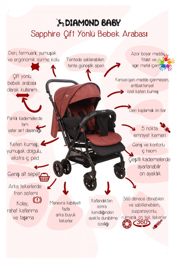 Diamond Baby Sapphire Çift Yönlü Bebek Arabası Bordo - 2