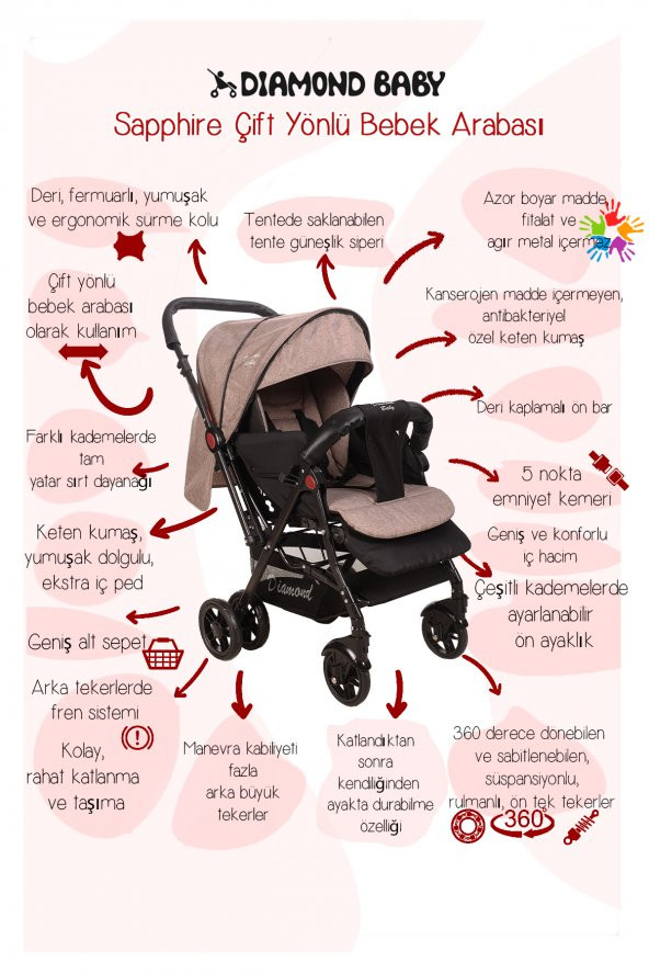 Diamond Baby Sapphire Çift Yönlü Bebek Arabası Kahve - 2