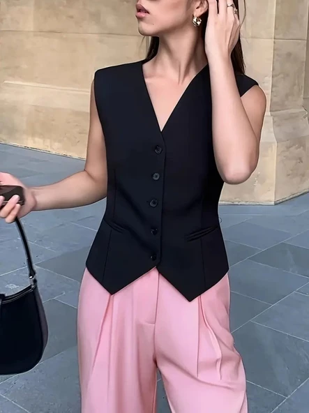 Kadın Sıfır Kollu önden Düğmeli Atlas Yelek - 8