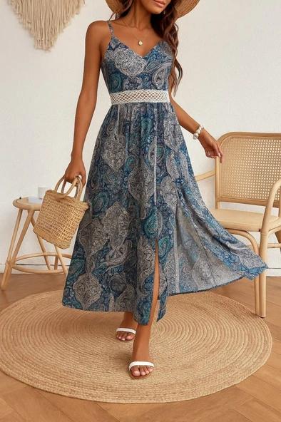 Kadın Ip Askılı V Yakalı Bel Güpür çiçek Desenli Yandan Yırtmaçlı Maksi Süprem Elbise - 2