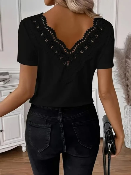Kadın Kısa Kollu V Yakalı Arkası Dantelli Viskon Bluz - 3
