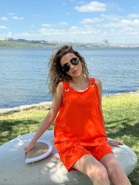 Kadın Kolsuz V Yaka Kuş Gözü Detay Bluz Short Aerobin Ikili Takım - Resim 7