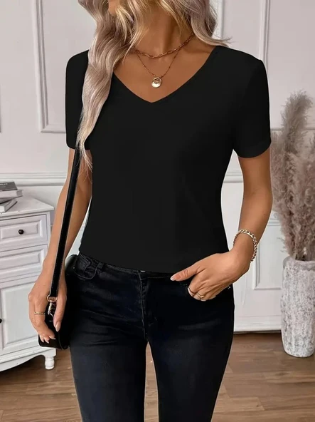 Kadın Kısa Kollu V Yakalı Arkası Dantelli Viskon Bluz - 2