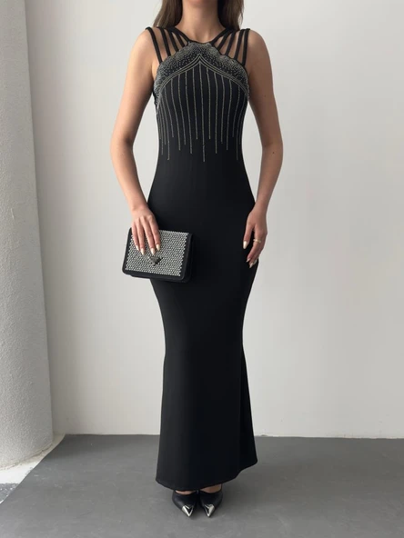 Kadın Omuz çoklu Askılı önü Taş Işlemeli Balık Kesim Janjan Krep Maxi Boy Elbise - 6