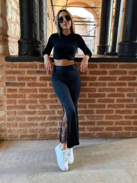 Kadın Dantel Eklemeli Ispanyol Paça Scuba Tayt Pantalon - 5