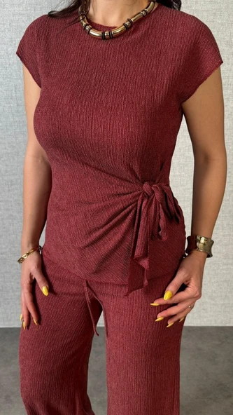 Kadın Kısa Kollu Bisiklet Yaka Yandan Bağlamalı Bürümcük Bluz Ve Pantolon Ikili Takım - Resim 3