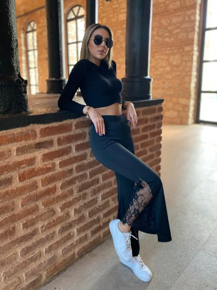 Kadın Dantel Eklemeli Ispanyol Paça Scuba Tayt Pantalon - 8