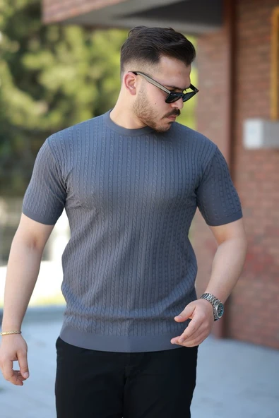 Erkek Bisiklet Yaka örgü Desenli Kısa örme Triko Kısa Kollu T-shirt ürün görseli 1