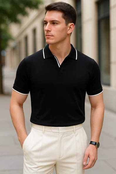 Erkek Uzun Kollu Yakalı Triko Tişört ürün görseli 1