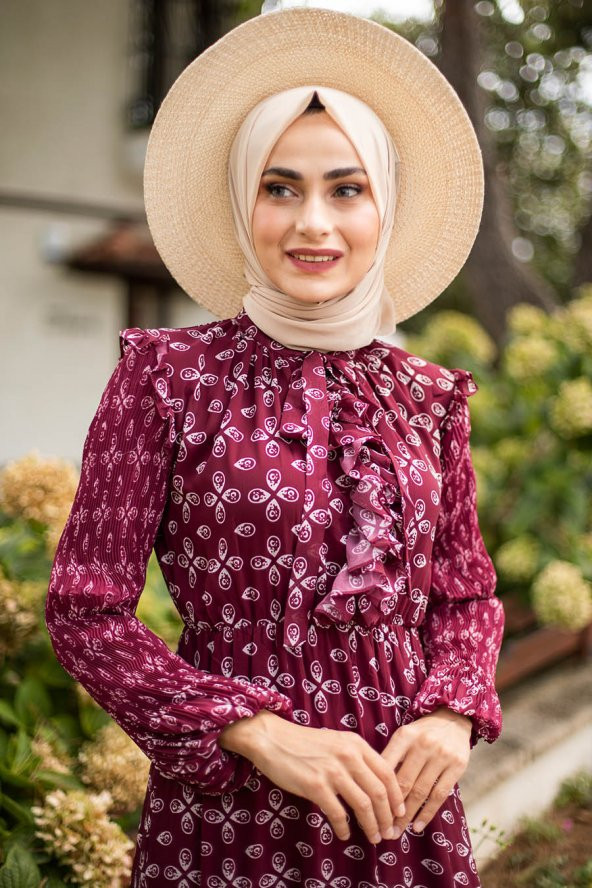 Kolları Piliseli Tesettür Elbise - Bordo - 2