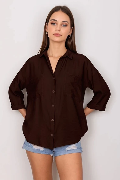 Cepli salaş gömlek koyu kahve t1010 - 3