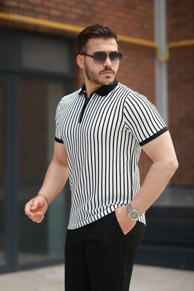 Erkek çizgili Fermuar Yakalı Kısa Kollu Tişört - Resim 2