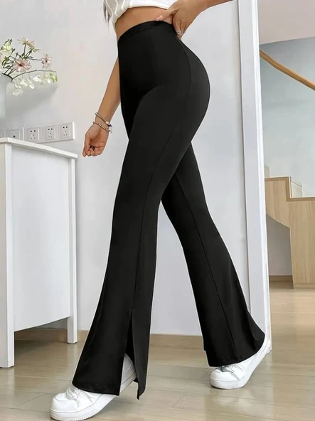 Kadın Yüksek Bel Paçaya Doğru Genişleyen Yandan Yırtmaçlı Dalgıç Pantolon - Resim 6