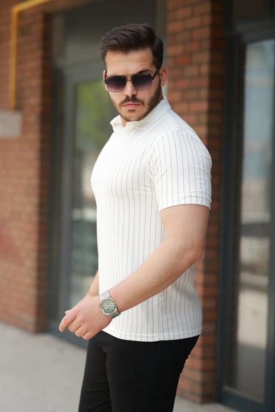 Erkek Yakalı çizgi Desenli Kısa Kollu Tişört - Resim 2