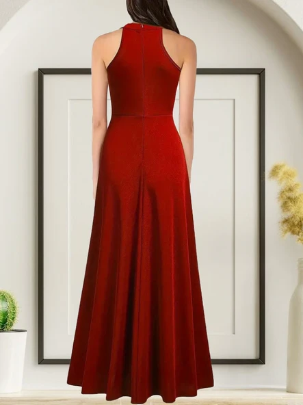 Kadınhalter Yaka Derin Yırtmaç Detaylı Tam Boy Ithal Krep Abiye Elbise - 2