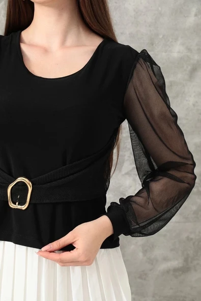 Tokalı tül kollu bluz siyah t4071 - Resim 3