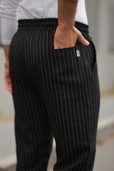Erkek Beli Bağcıklı çizgili Pantolon - 3