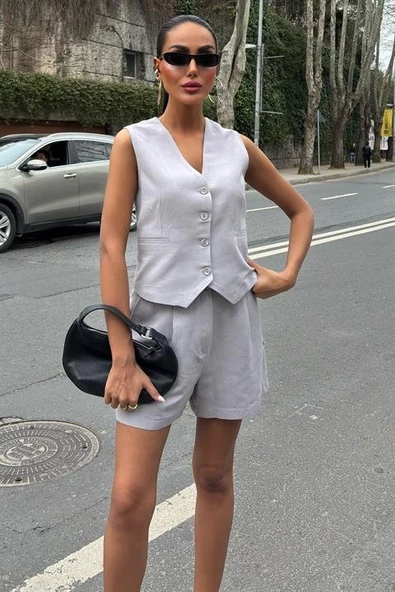 Yelek Şort Flamlı Keten Takım 10133-17 - 5