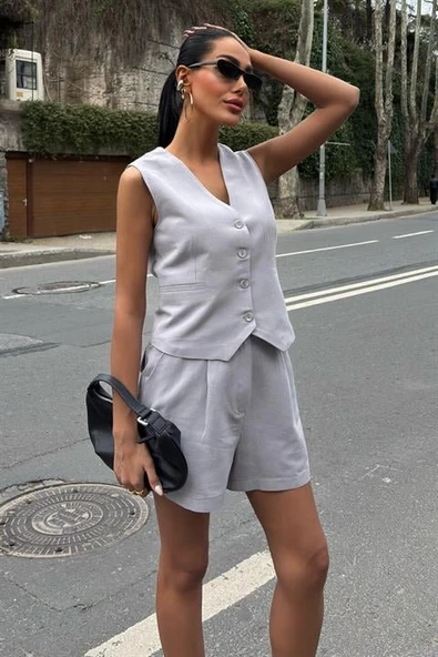 Yelek Şort Flamlı Keten Takım 10133-17 - 6