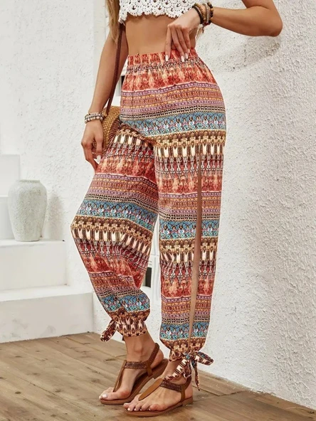 Kadın Yüksek Belli Yanlardan Yırtmaç Detaylı Desenli Bürümcük Pantolon - Resim 4