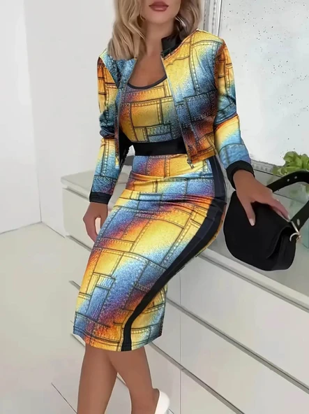 Kadın Uzun Kollu Askılı Yuvarlak Yaka Desenli Dalgıç Bluz Ceket Ve Etek üçlü Takım ürün görseli
