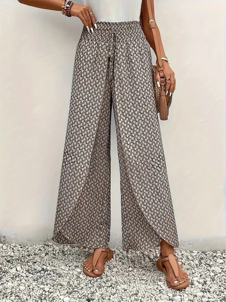 Kadın Yüksek Bel Lastikli önden Iki Parçalı Desenli Bürümcük Pantolon - Resim 2