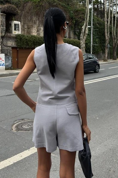 Yelek Şort Flamlı Keten Takım 10133-17 - 4