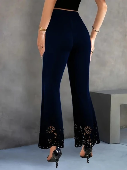 Kadın Yüksek Bel Paçaya Doğru Genişleyen Lazer çiçek Kesim Detaylı Ithal Krep Pantolon - 4