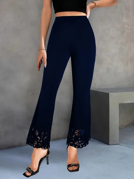 Kadın Yüksek Bel Paçaya Doğru Genişleyen Lazer çiçek Kesim Detaylı Ithal Krep Pantolon - 2