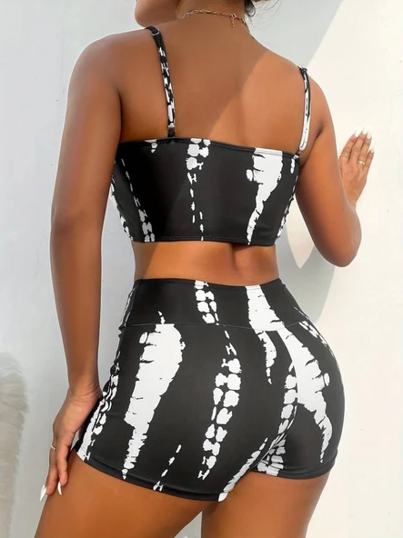 Kadın Büzgü Detay Askılı Crop Mini Tayt Ikili Takım - Resim 2