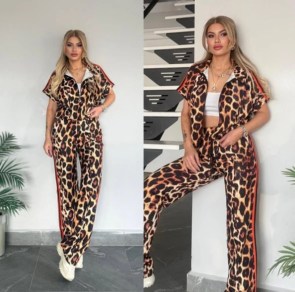 Kadın Dalgıç Kumaş Dijital Leopar Baskılı şerit Detaylı Takım - 2