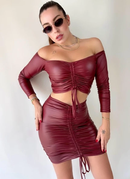 Kadın Büzgülü Deri Etek Takım Fırsat Ürün - Resim 6