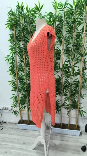 Kadın Sıfır Kol V Yaka Yanı Derin Yırtmaçlı Midi Boy Triko Elbise - 8