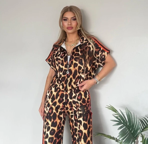 Kadın Dalgıç Kumaş Dijital Leopar Baskılı şerit Detaylı Takım - 3