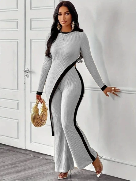 Kadın Uzun Kollu Bisiklet Yaka Asimetrik Kesim Bluz şardonlu Kaşkorse Bluz Ve Pantolon Ikili Takım - Resim 2