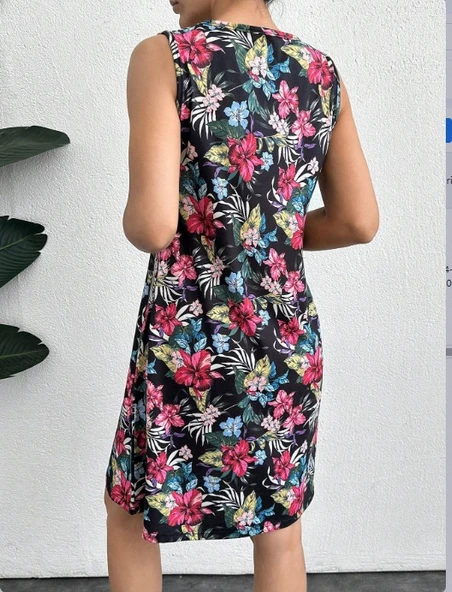 Kadın Renkli çiçek Baskılı Süprem Elbise - Resim 4