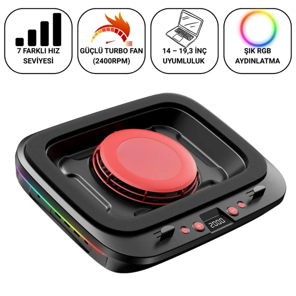 Polham 7 Kademeli Turbo Fanlı RGB Laptop Soğutucu | 2400 RPM Güçlü Soğutma | 14-19.3” Uyumlu Stand ürün görseli