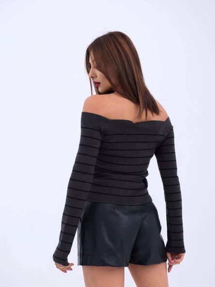 4206 TRİKO ÇİZGİLİ KAYIK YAKA CROP-ANTRASİT-SİYAH - Resim 2