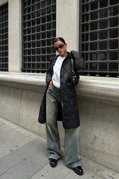 Fermuar Ve Kapşonlu Uzun Kapitone Mont 7062 - 2