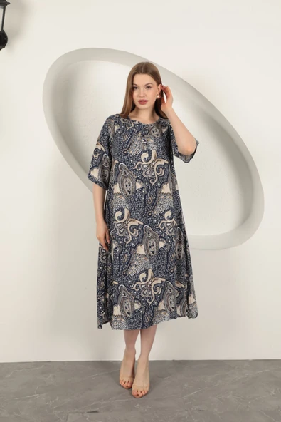 Viskon Şal Desenli Elbise-Lacivert ürün görseli